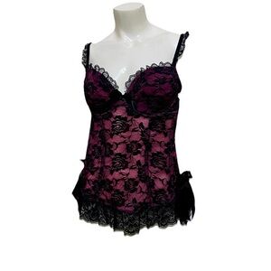 lingerie top L sexy lace Embroidery sheer corset violet red Babydoll Chic